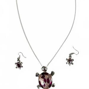Silver Tone Purple Enamel Turtle Pendant Necklace Earrings Set Crystal Eyes